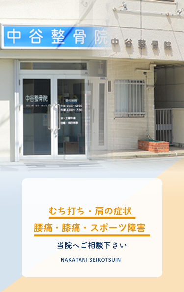 交通事故による
むち打ち・肩の症状
腰痛・膝痛・スポーツ障害
は当院にお任せ当院にお任せください nakatani seikotsuin