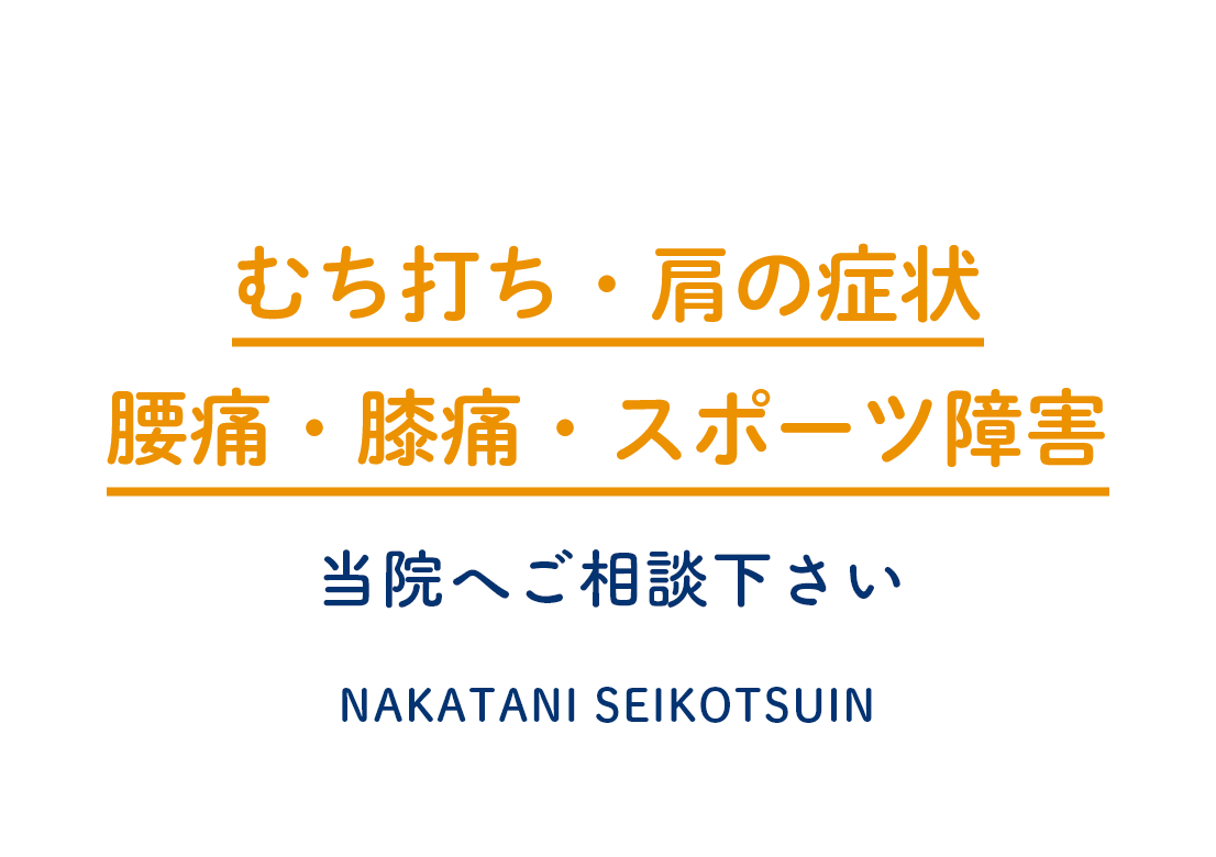 交通事故による
むち打ち・肩の症状
腰痛・膝痛・スポーツ障害
は当院にお任せ当院にお任せください nakatani seikotsuin